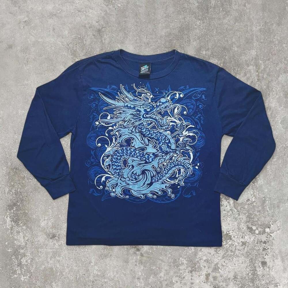 Top Heavy Dragon Long Sleeve T-Shirt Size XL Blue Graphic Y2K